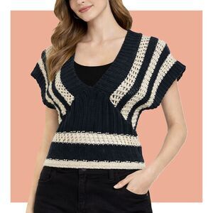 Navy Blue White Deep V Neck Back Tie Fitted Waist Dolman Sleeve Crochet Knit Top